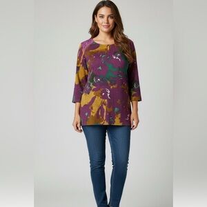 Jaclyn Smith Floral Knit Top Size S (Fits M) | Purple Green Gold Tunic Blouse